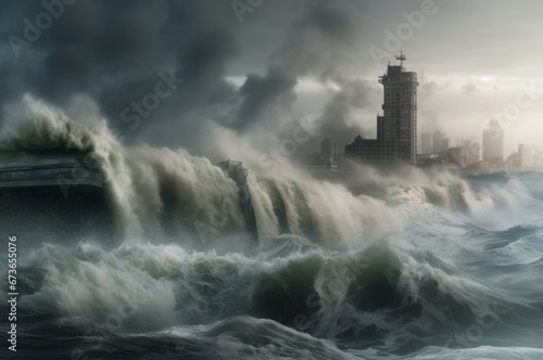 Tsunami sea city waves beach. Water dramatic stormy coast beach. Generate Ai