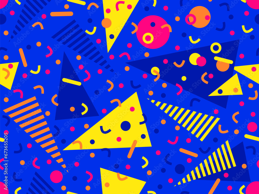 Fototapeta premium Memphis seamless pattern with geometric shapes in 80s and 90s style. Geometric shapes of different shapes and colors. Design of promotional products, wrapping paper and printing. Vector illustration