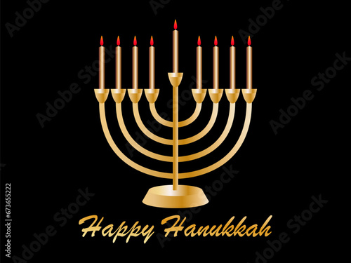 Happy Hanukkah. Menorah with nine colorful candles is a symbol of the Jewish holiday. Golden gradient color. Design for invitation flyers, brochures and promotional items. Vector illustration