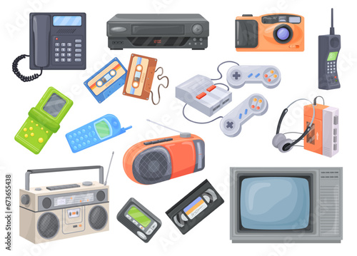 90s devices. Vintage electronic gadgets nostalgi technology y2k or 1990s, old radio music player game console retro communication pager hipster 80s device, neat vector illustration