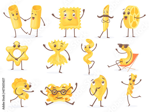 Cartoon pasta characters. Happy spaghetti mascot, cute italian wheat food macaroni doodle character, funny fettuccine noodle nutrition