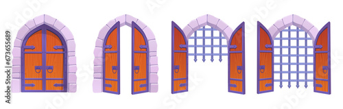 Castle opening gate. Open closed wooden door steel fortification, european medieval stronghold gates stone doorway cellar dungeon entrance animation, ingenious vector illustration