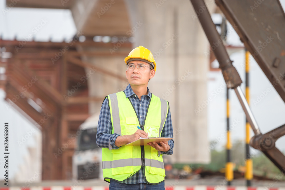 Engineer with clipboard checklist, Industrial worker at infrastructure construction site, Foreman in hardhat in industry containers cargo Engineer with clipboard checklist, Industrial worker at infrastructure construction site, Foreman in hardhat in industry containers cargo