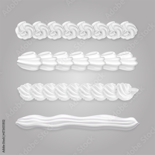 Whipped cream border. Whipping creamy line pattern, frosting borders for cupcakes whip swirls icing cake or candy dessert decoration realistic sweet crema exact vector illustration