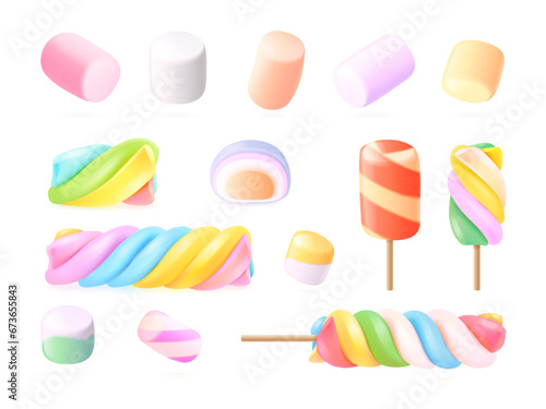 Realistic marshmallows. 3d marshmallow or twisted gummy candy, color swirl lollipops gelatin spiral sweets pink pastel on stick for toasting
