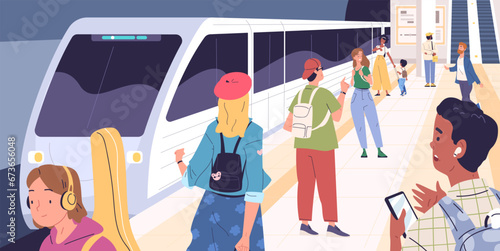 People metro platform. Passengers with luggage waiting arrival train or modern tram on subway underground station, railway transport tube hub traffic classy vector illustration
