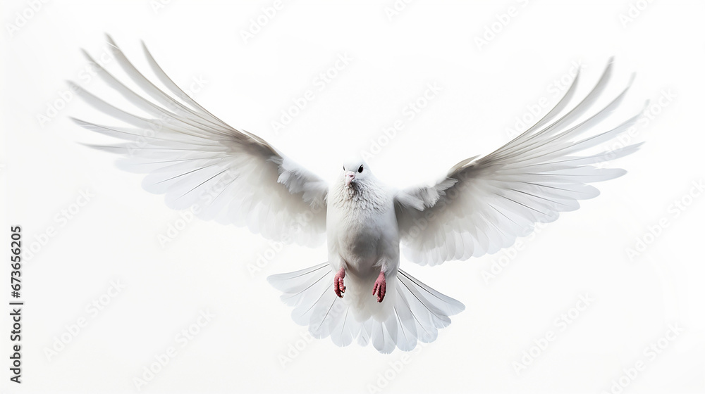 Obraz premium Free flying white pigeon on white background. Made with generative ai