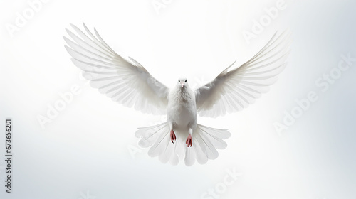 Free flying white pigeon on white background. Made with generative ai