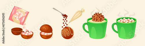 Chocolate bombs cooking. Cocoa bomb marshmallow preparation, delicious dessert mug hot cafe drinks, luxury sweets food confection breakfast choco balls neoteric vector illustration