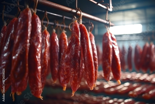 Photo of a variety of meats hanging on a line in a market or butcher shop