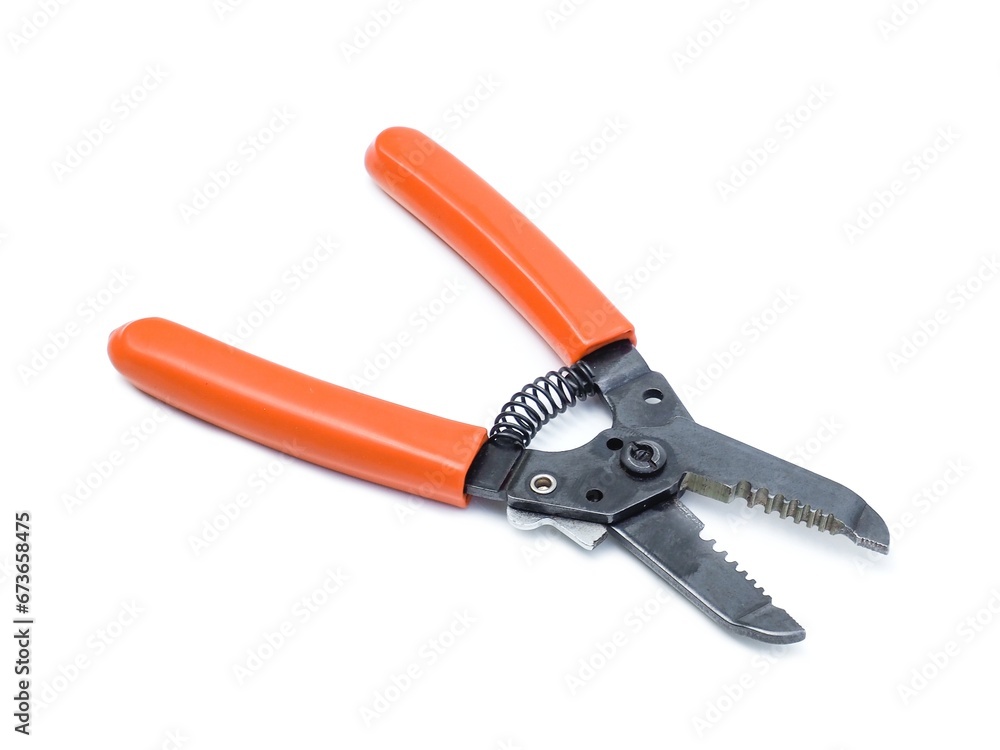 Wire stripping pliers with orange handles isolated on white background. Wire stripping pliers with orange handles isolated on white background.