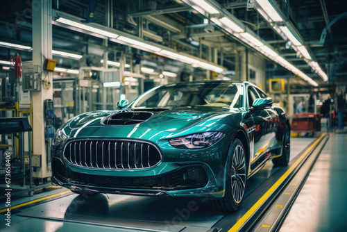 Assembly line for the production of modern cars. The final stage of assembly and testing during production. Quality control. Automated assembly. © Anoo