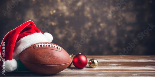 Close up of American football with a Santa hat on it. Wooden table and blurred background.
