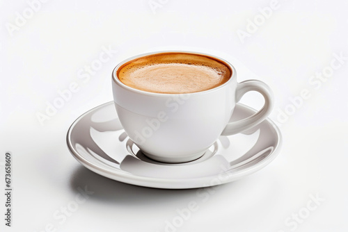 Photo of a steaming cup of freshly brewed coffee on a delicate porcelain saucer