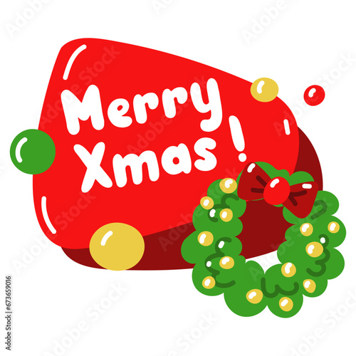 Vector conversational red balloon with the inscription merry Christmas with a Christmas wreath isolated on a white background. New Year's greetings. Design of a Christmas greeting card, banner