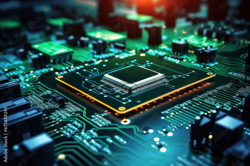 Motherboard with electronic components. Powerful processor. Development of computer technologies. Modern electronics production. Motherboard with electronic components. Powerful processor. Development of computer technologies. Modern electronics production.