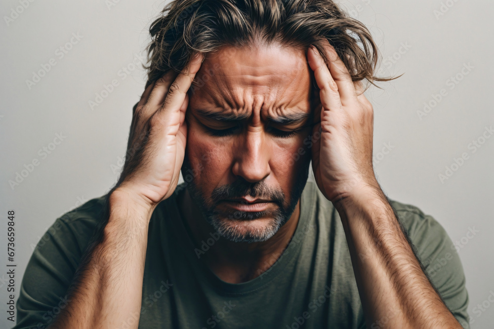An adult man with migraine headache holding his head having pain on solid white background. Generative Ai. An adult man with migraine headache holding his head having pain on solid white background. Generative Ai.