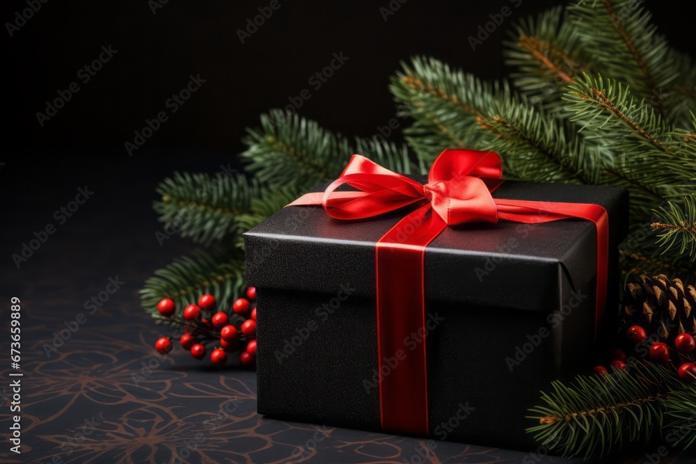 Close up of black gift with red bow for New Year and Christmas. Christmas tree branches around the gift box. Black background. Close up of black gift with red bow for New Year and Christmas. Christmas tree branches around the gift box. Black background.