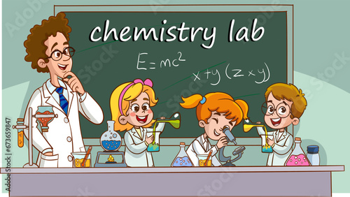 Vector illustration of a chemistry lesson with a cute students in a lab.