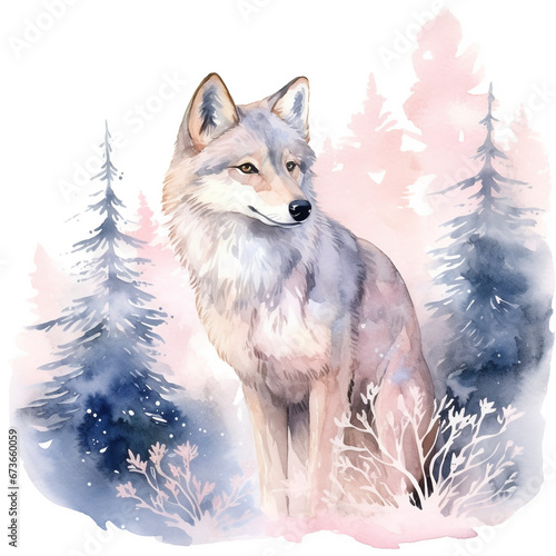 Watercolor Winter Wolf In Forest Serene