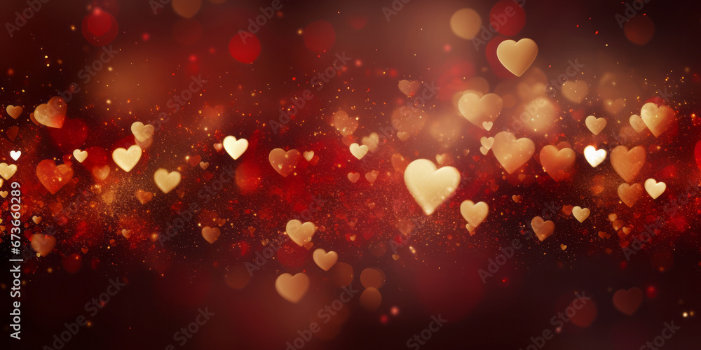 Golden bokeh in the shape of hearts on red background. Celebrating Valentine's day. - obrazy, fototapety, plakaty 