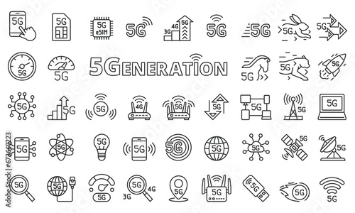 5G icon set in line design. 5G, Internet, Speed, Connection, Network, Wireless, Technology vector illustrations. Editable stroke icons.