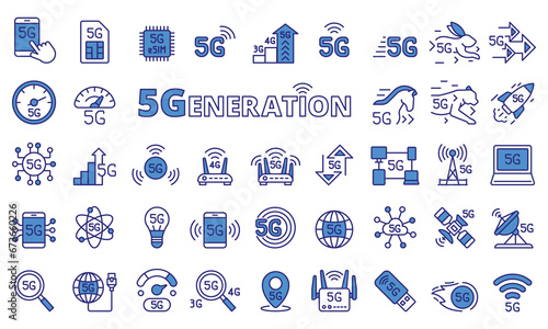 5G icon set in line design blue. 5G, Internet, Speed, Connection, Network, Wireless, Technology vector illustrations. Editable stroke icons.