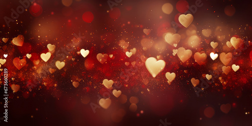 Golden bokeh in the shape of hearts on red background. Celebrating Valentine's day.