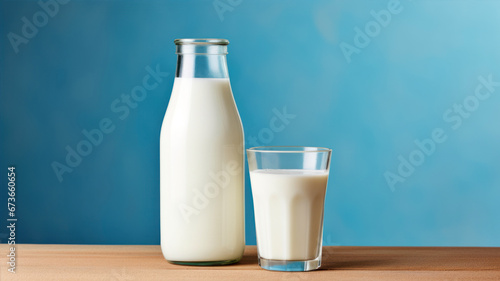bottle and glass of milk on wooden table and blue wall background
