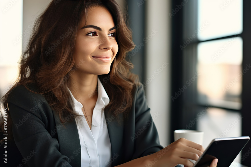 Obraz premium Successful business woman looking confident and smiling. Close-up image of business woman watching tablet device indoors.