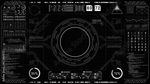 Futuristic user interface head up display screen with infographic elements. Display for digital background computer, Desktop display screen motion virtual technology background. 3d Rendering