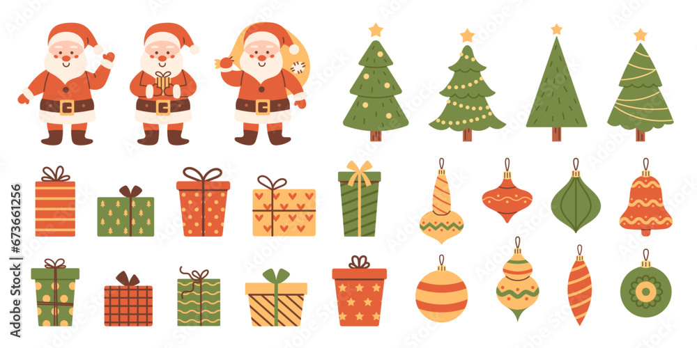 Vector big Christmas set with Santa Claus characters, gift boxes, christmas tree and baubles. New Year cute collection of design elements.