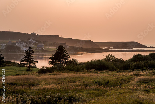 Stunning Sunset panoramic view Cape Breton Island Coast line cliff Cabot Trail route, Nova Scotia Highlands Canada