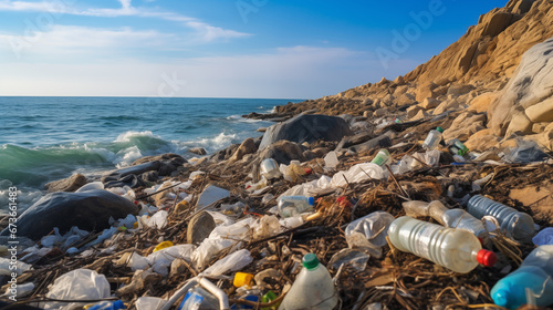 Low angle view of pile of plastic bottle garbage trash been dump and swash up to ocean sea coast beach making environmental pollution nature toxic contamination problem.