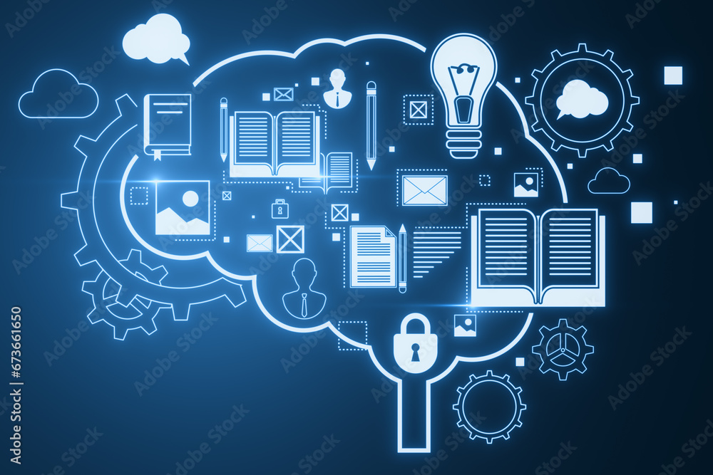 Glowing brain outline and books hologram on blurry background. Artificial intelligence, chat GPT, bot assistant and machine learning concept. 3D Rendering. Glowing brain outline and books hologram on blurry background. Artificial intelligence, chat GPT, bot assistant and machine learning concept. 3D Rendering.
