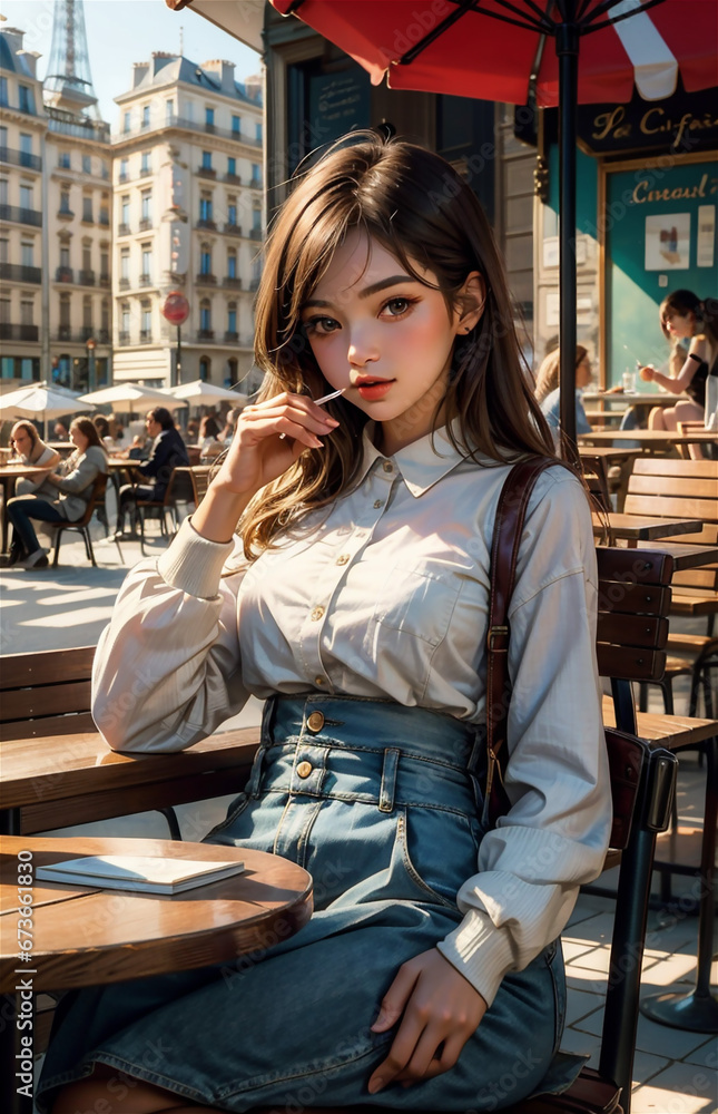 Fototapeta premium Beautiful young woman drinking coffee in Paris near the Eiffel tower