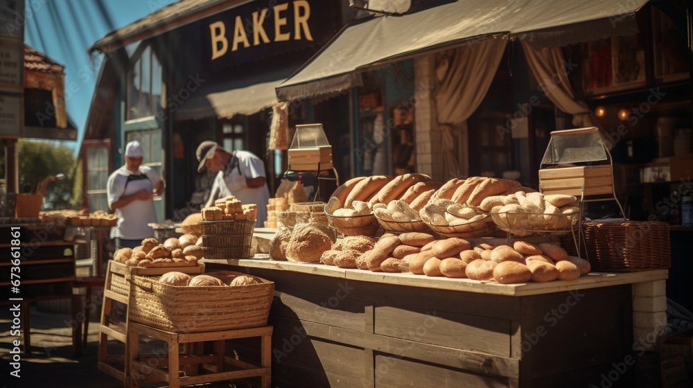Old bakery with bread in the front wooden counter, sunny day, generative AI.