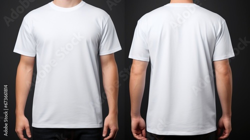 Canvas Print A man is wearing a plain blank white t-shirt with half sleeves, both on the fron