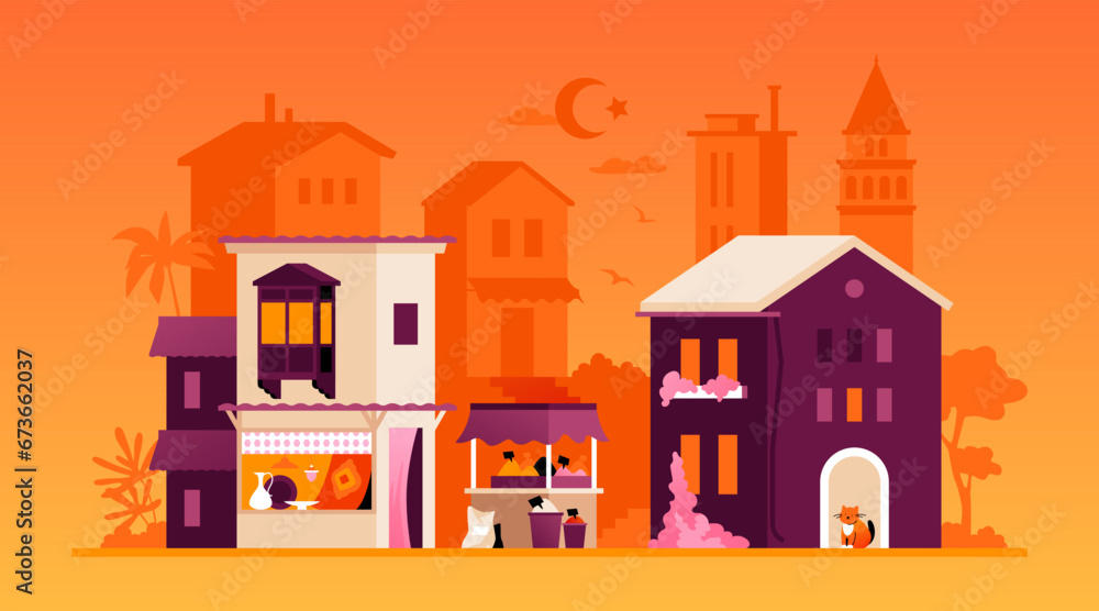 Old market in Turkey - modern colored vector illustration