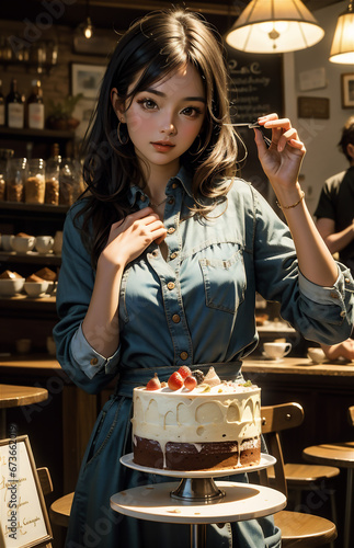 Beautiful young woman drinking coffee in Paris near the Eiffel tower