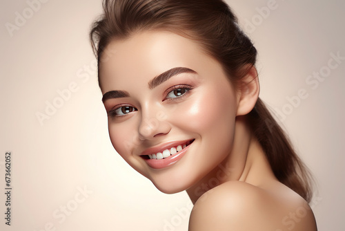 Skin care. Woman with beauty face touching healthy facial skin portrait. Beautiful smiling girl model with natural makeup touching glowing hydrated skin on light background closeup. photo