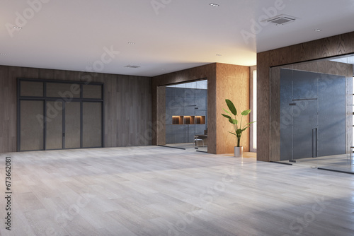 Modern glass office corridor interior with plants  furniture and wooden flooring. 3D Rendering.