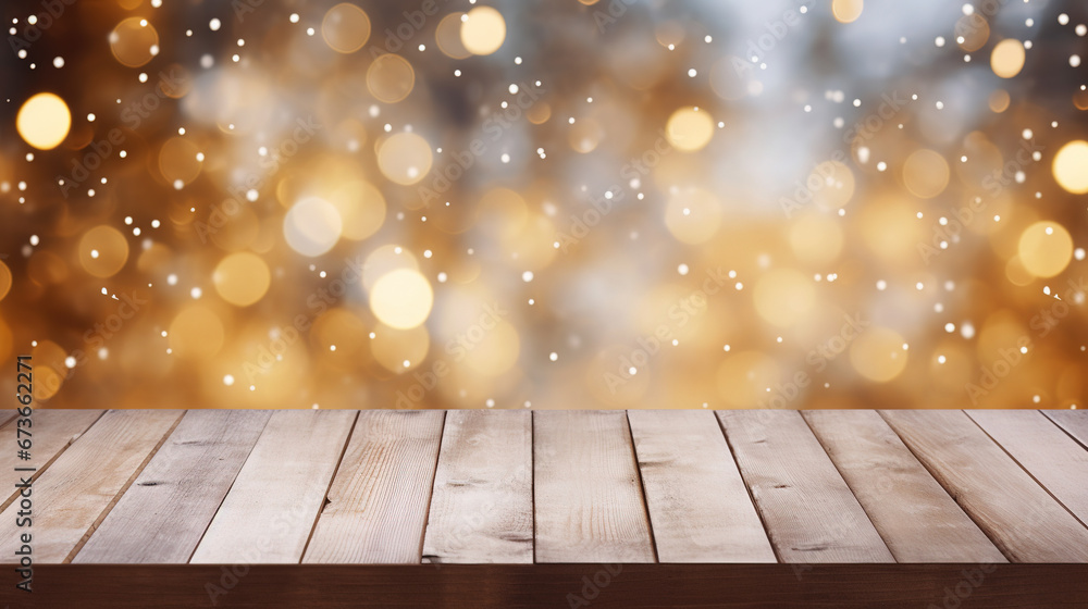 Empty wooden table with blured christmas lights on background and copy space. AI Empty wooden table with blured christmas lights on background and copy space. AI