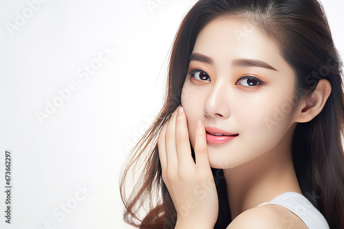 Skin care. asian Woman with beauty face touching healthy facial skin portrait. Beautiful smiling girl model with natural makeup touching glowing hydrated skin on light background closeup.