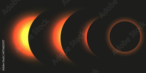 Banner design with Solar Eclipse stages. Solar system. Big Crystal flare on the sun isolated black background. Magnetic storms on the sun. Vector illustration.