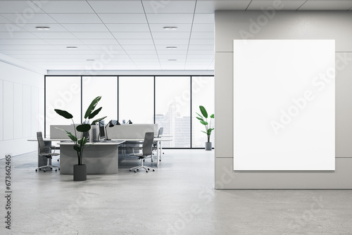 Fototapeta Naklejka Na Ścianę i Meble -  Modern coworking office interior with blank white mock up banner on wall, panoramic windows and city view, daylight, concrete flooring, furniture and decorative plant. 3D Rendering.