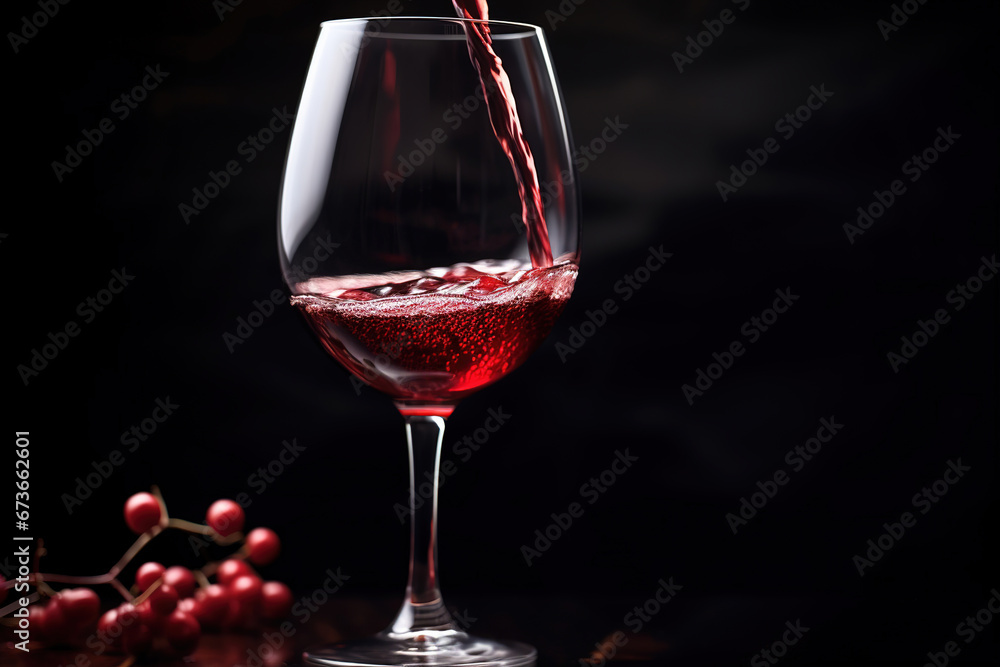 Naklejka premium Red wine pouring into wine glass, close-up. Red background.