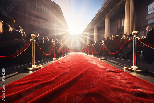 Red carpet rolling out in front of glamorous movie premiere with paparazzi in the background photo