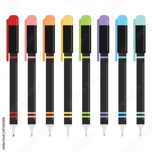 Highlighter vector illustration on white background. Colorful colors highlighter can draw highlights in textbooks or note. School or office supplies and stationery.
