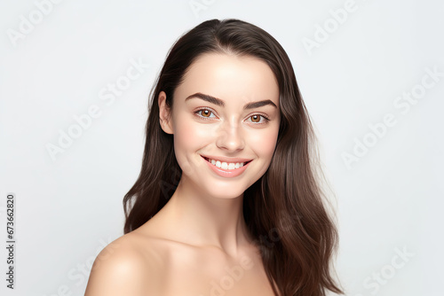 Portrait of young happy woman looks in camera. Skin care beauty, skincare cosmetics, dental concept isolated over white background